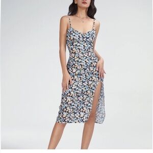 Commense Blue Floral Midi Dress with Slit